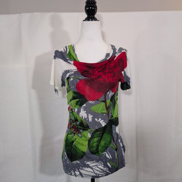 San Francisco Tops - San Francisco Lightweight Knit Floral Print Top Cowl Neck Sleeve Ties Medium